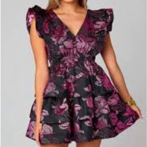 Rosa Pink Metallic Floral Print Ruffle Mini Dress - Pippa & Pearl, size: small